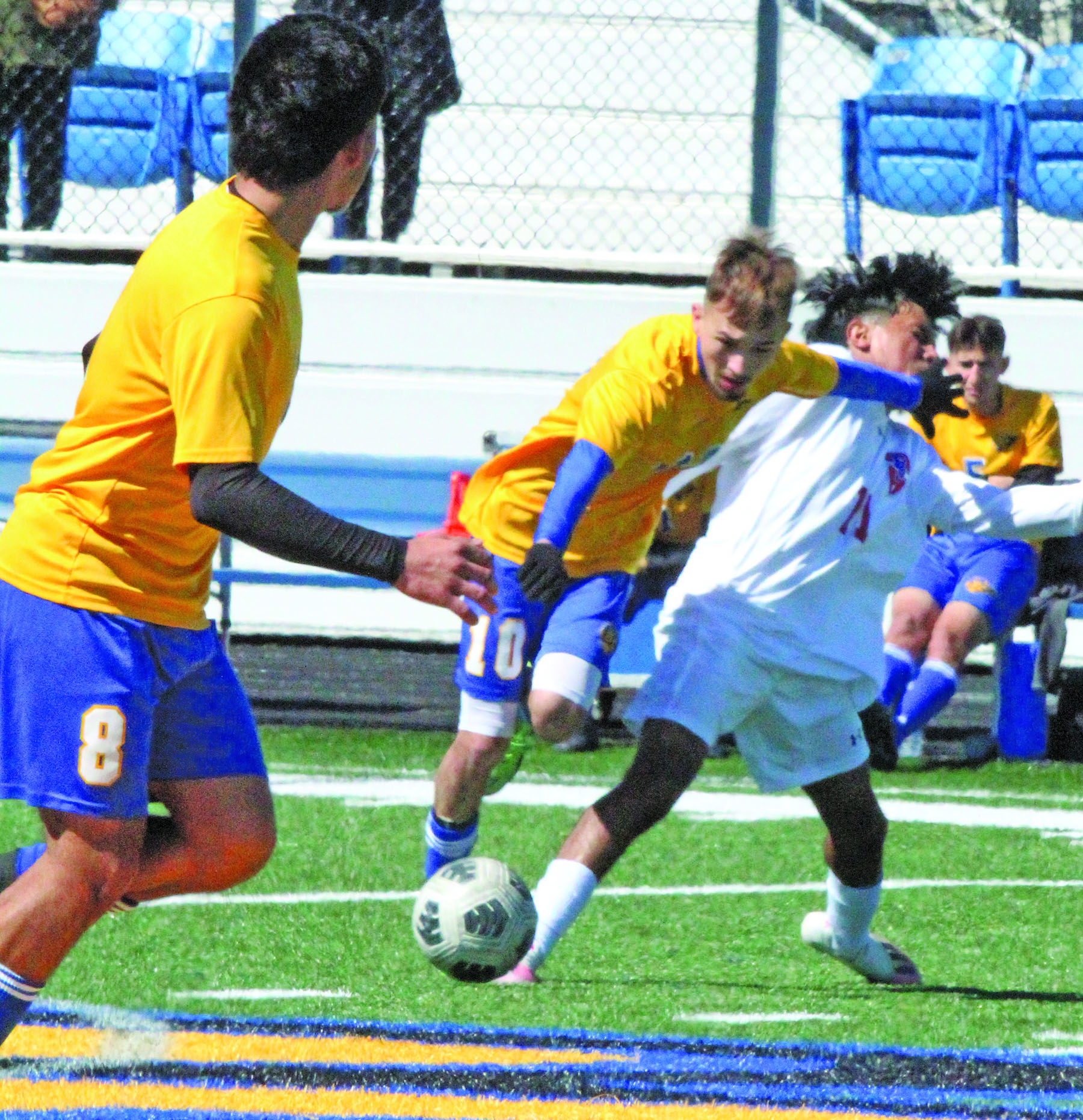 Photo by Anna Hernandez Bay City junior Manuel Guevara (10) plays asserts himself against a Brazosport Exporter in last Saturday’s game at Memorial Stadium. The Exporters shut out Bay City 4-0, giving the Blackcats a season record of 9-11-2 and district mark of 3-8.