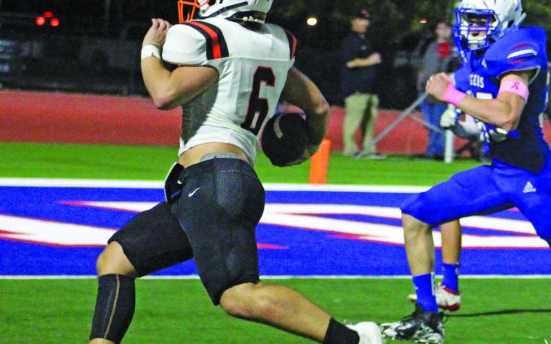 Sentinel photo/Jessica Shepard Van Vleck sophomore back Brett Noster (6) speeds into the end zone on one of his two touchdowns against Tidehaven last Friday.