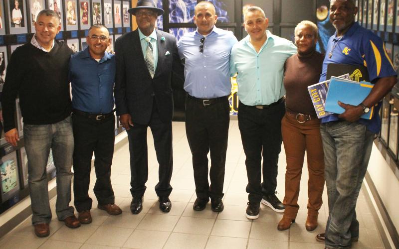 BCISD photo/Grant McGalliard Bay City ISD inducted nine members into the Blackcat Hall of Fame on Friday, Nov. 5. The nine new members were Christian Balli, Cornelio Castanon, Efrem Clark, Rickey Davidson, Ronnie Ford, Martin Garcia, Daniel Hawkins, Sandra Rutherford and Jonathan Yanez. All nine were recognized for their contributions to the Blackcat athletic legacy and were honored at halftime of the Blackcat football game against Stafford. Shown above, from left, are: Christian Balli, Jonathan Yanez, Ronn