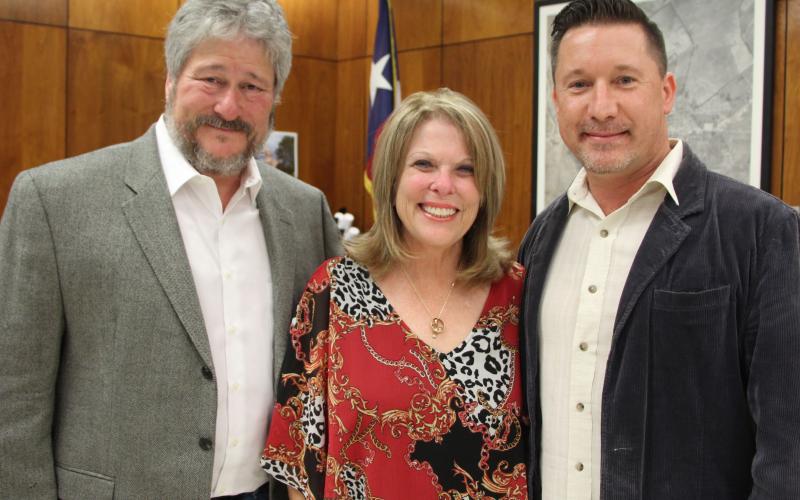Kim Marceaux is joined by City Councilman Jim Folse and Mayor Pro Tem Jason Childers. Council read a State Senate Resolution honoring the accomplishments of her late husband, Brent Marceaux. For more information on the recognitions, see the Page 1 article on City Council.
