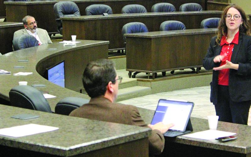 Sentinel photo/Jessica Shepard South Texas Project Nuclear Operating Company Communications Manager Amanda Sitka presents additional information on the company's communication plans and new Integrated Public Alert and Warning System (IPAWS) use  Nov. 30.