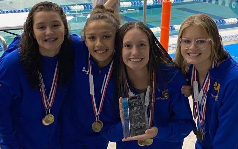 Photo: Lisa Moya Above the girls’ 400 free relay - (from left) Victoria Sliva, Cali Morales,  Megan Moya and Lucy Frick and - got a win to close out the meet.