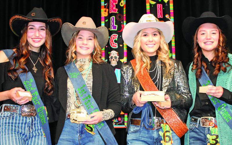 Sentinel photo/Jessica Shepard The MCFLA's 2022 Fair Queen royalty court includes, from left: Karsyn Murray, Second Runnerup; Meredith Williams, First Runnerup; Karly Brown, Fair Queen, and Victoria Sliva, Third Runnerup.