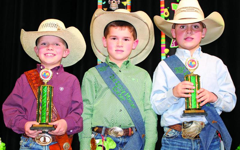 Sentinel photo/Jessica Shepard The MCFLA's 2022 Little Mister Cowboy royalty court includes, from left: Tate Dodd, Little Mister Cowboy; Brooks O'Connell, Second Runnerup, and Drake O'Connell, First Runnerup.