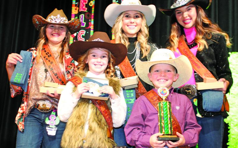 Sentinel photo/Jessica Shepard The Matagorda County Fair and Livestock Association's 2022 Fair Royalty includes Little Miss Cowgirl Analyn Sutherland, Little Mister Cowboy Tate Dodd, Junior Fair Princess Laynee Matchett, Fair Queen Karly Brown, and Fair Princess Lakyn Matchett.