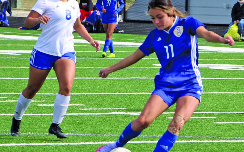 Ladycat Alyssa Castro prepares for a shot at the goal in the first half. Castro accounted for two goals.  Sentinel photo/ Mike Reddell