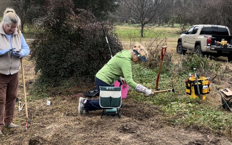 Contributed photo Birding Nature Center volunteers and board members Sara Huebner and Diana Frankson begin work to refurbish the Butterfly Garden. It will be replanted with milkweed and nectar-producing plants in an effort to attract and support migrating monarch butterflies.