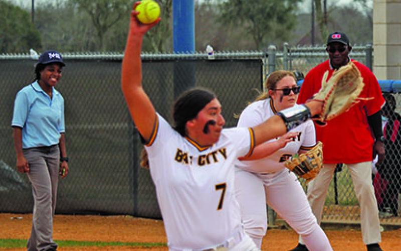 Sentinel photo/Mike Reddell Ladycat pitcher Miley Salazar (7) was the winning hurler as the girls beat Hitchcock 16-0 last week in tournament play.