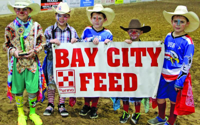 These five boys showed up in their colorful garb for this year’s MCFLA clown contest sponsored by Bay City Feed on March 4. Cole Baker, far left, was this year’s winner. He is joined by this year’s contestants, in no particular order, by Kroy Lucio, Drake and Brooks O’Connell, and Ryder Ryman. Sentinel Photo/ Mike Reddell