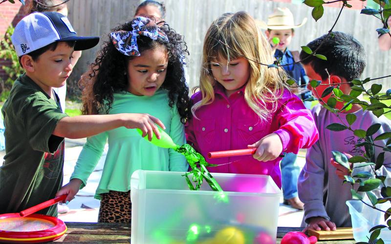 Sentinel photo/Jessica Shepard Sunshine and Rainbows students try to pick out their favorite musical instrument before dancing along with "I Know a Chicken" during their "Rodeo Day" event, Thursday, March 10.
