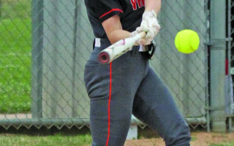Photo/Anna Hernandez  Lady Lep Kaitlyn Folmar gets a base hit against Hitchcock April 11
