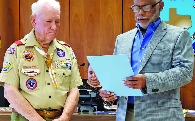 Sentinel photo/Jessica Shepard Bay City Mayor Robert Nelson, right, reads a proclamation stating that the alleyway nearest to the Cub Scout Pack 45 clubhouse is now "Eagle's Way" to honor the Eagle Scouts at the latest council meeting, Monday, April 11. Scout leader Mr. Evans was on hand to receive the proclamation and noted that a sign would be installed soon with the alleyway's new name