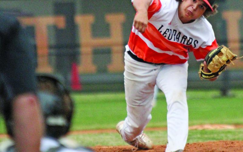 Photo/Anna Hernandez Leopard pitcher Favian Fuentes throws a strike against Hitchcock April 11. The Leps lost to Hitchcock 5-3.
