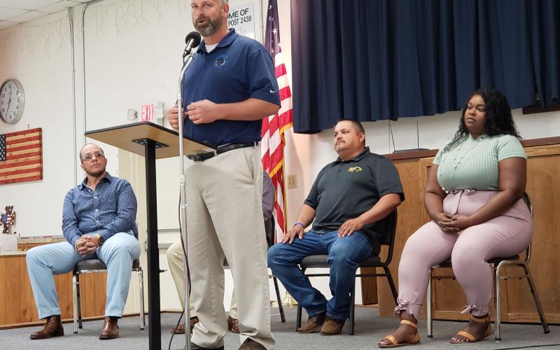 Sentinel Photo/Jessica Shepard Bay City ISD trustee James Scardami answers one of several questions during the "Bay City ISD School Board forum" hosted by the VFW Post 2438 Auxiliary Thursday, April 7. Scardami is the incumbent for the May 1 election and is opposed by Kimberly D. Lewis.