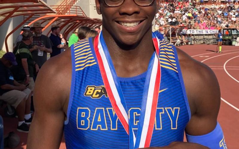 Courtesy photo  Bay City Blackcat junior Brice Turner won the 4A 100-meter dash in a time of 10.25 seconds and the 200-meter dash in a time of 21.04 seconds at the State UIL State Track Meet. The state championship sprinter is coming back to Bay City with two gold medals.