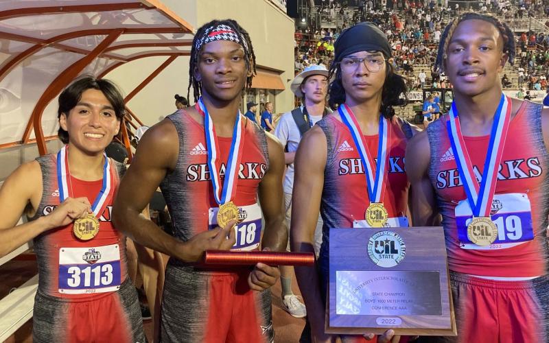 Courtesy photo  Palacios Sharks won the Gold in 3A 1,600-meter relay at the UIL State Track Meet in Austin.