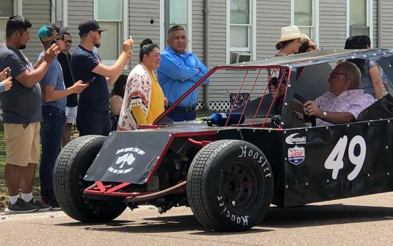 Contributed photo This car was part of the Blessing Day parade Sunday, May 1. Behind the wheel of this unique vehicle is Sonny Johs. It is considered a mini modified car with a lawnmower motor.