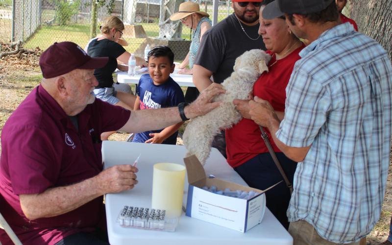 Sentinel photo/Jessica Shepard Dr. Jim Davant provided his services to help vaccinate Matagorda County dogs early Saturday morning, May 21. Pooches of all sizes from chihuahuas to German Shepherds were vaccinated against rabies with the first shot being free for their owners.