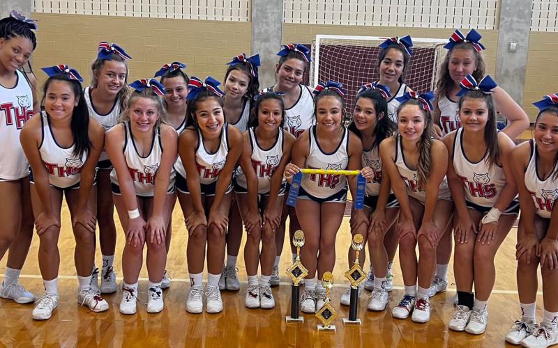 Contributed photo Tidehaven High School cheerleaders made an impressive showing at the recent UCA Cheer Camp held at Texas State in San Marcos! Their honors included: Game Day Champion, Camp Champion, Superior Rating, and Spirit Raiser (Mascot Award).