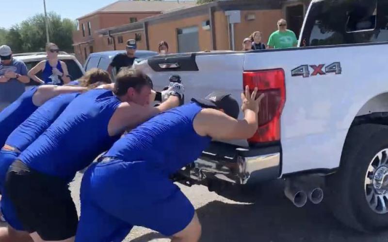Photo  courtesy of Deeana Sneath Tidehaven Lineman Challenge team in truck push includes, from left: Shawn Sneath, Wyatt Lee, Andrew “Woody” Galvan, Clyde Griffith, Sean Cotton.