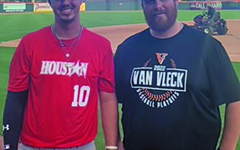 Gunner Gibbens, left, represented Van Vleck Baseball, a 3A division school, in the Greater Houston Baseball Coaches Association All-Star Game Monday, June 13. Seniors from the greater Houston area formed two teams under All-Star selected coaches and played on Constellation Field in Sugar Land. Van Vleck Head Baseball Coach Jacob Cadle, right, nominated Gunner for this honor.  Courtesy photo