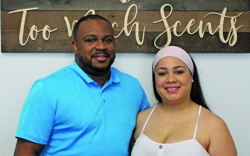 Sentinel photo/Jessica Shepard "Too Much Scents" business owners Derrick and Claudia Johnson are excited to be serving Bay City and Matagorda residents at their storefront and online.