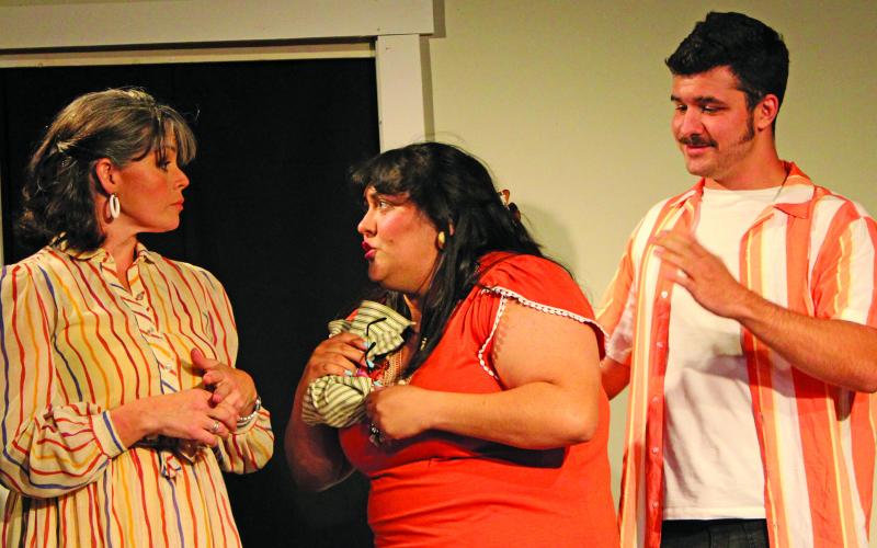 Sentinel Photo/Jessica Shepard A trio of Turpin family members have a heated discussion over Junior's secret affair during a dress rehearsal for "Dearly Departed" on Aug. 18. Dixie Frasier, Victoria Mitchell, and Zach Ruley play Lucille, Suzanne, and Junior Turpin respectively.