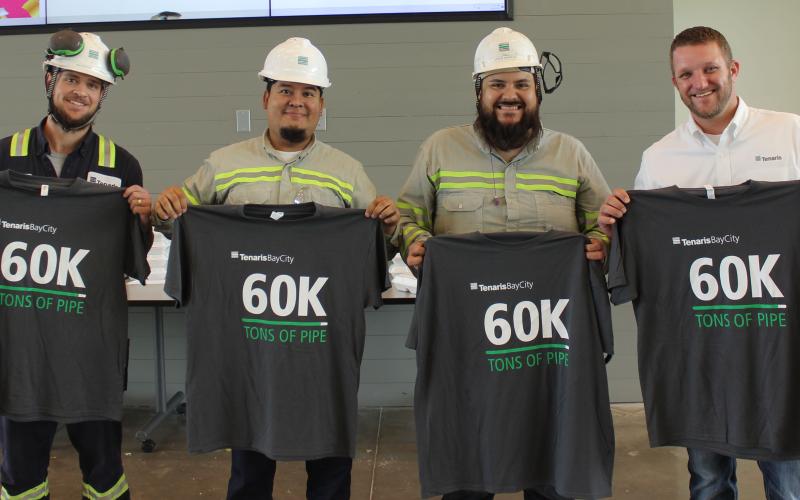 Members of Tenaris’ Bay City plant are celebrating record production in the hot rolling mill, achieving nearly 60k tons of pipe rolled in a month. Tenaris has been steadily increasing its production at the seamless mill and across its U.S. facilities. In the photo, from left to right: Robert Haring; Oscar Enamorado; Josue Noriega; and Jason Gernand. Tenaris photo