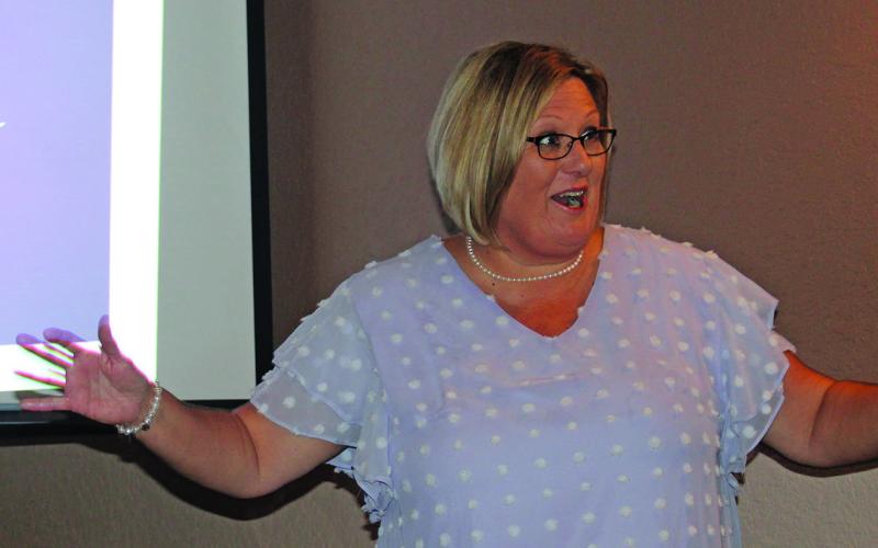 Sentinel photo/Jessica Shepard Matagorda Regional Medical Center Foundation Executive Director Tiffany Foltyn gave a presentation on the foundation's successes as part of the '15th Year Celebration" event on Sept. 1 at the Fat Grass Restaurant.