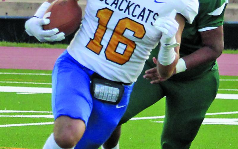 Sentinel Photo/Mike Reddell Bay City wide receiver David Perez (16) looks for more yardage.