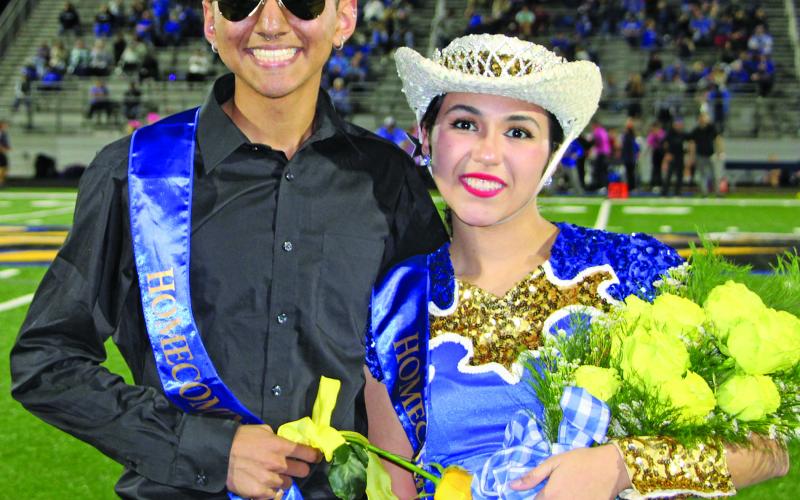 Sentinel photo/Mike Reddell Bay City High School Homecoming King David Mandujano Jr. and Queen Malorie Rodriguez were crowned in a halftime ceremony in the Blackcat-Needville game (see Sports, Pages 6 and &amp;) Friday, Oct. 21.