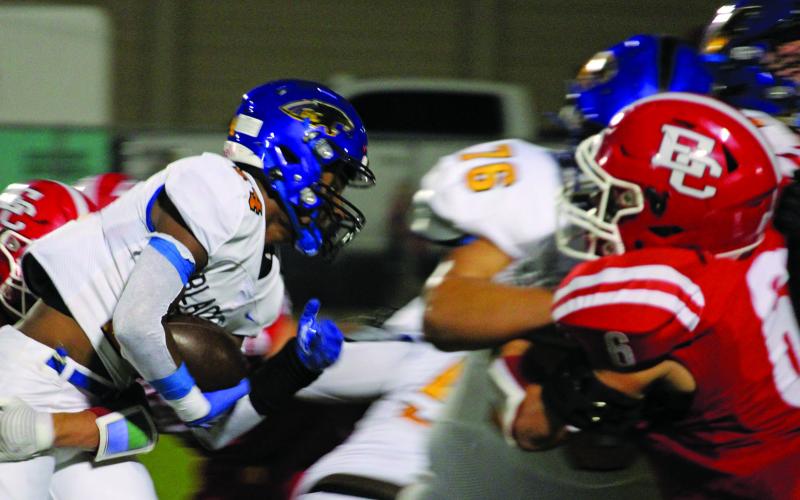 Sentinel Photo/Mike Reddell Blackcat junior running back Paris Fox (14) gets behind his blockers, including Marco Mata (76) for a gain against El Campo.
