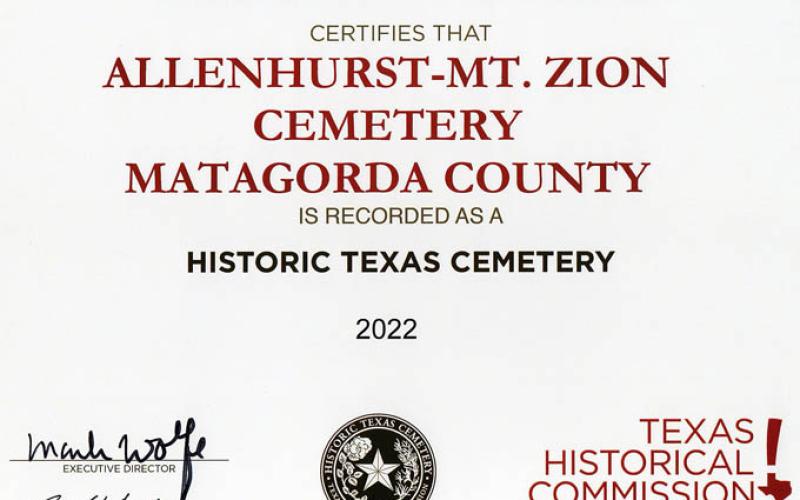 Allenhurst Cemetery has been designated at a Historic Texas Cemetery by the Texas Historical Commission