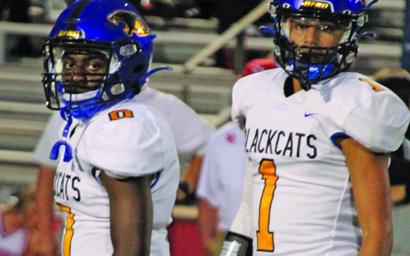 Sentinel file photo/Mike Reddell Sophomores running back Jada Andrews (0) and quarterback Alex Estrada (1) are Bay City’s offensive leaders with Andrews running for 205 yards against Iowa Colony and Estrada rushing for 106 yards.