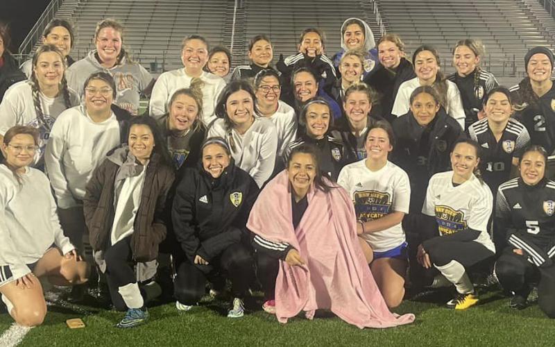 Courtesy photo “It’s not soccer season unless it’s cold and raining.” The Bay City High School Ladycat Soccer team held a “Meet the Ladycats” at Memorial Stadium last week.