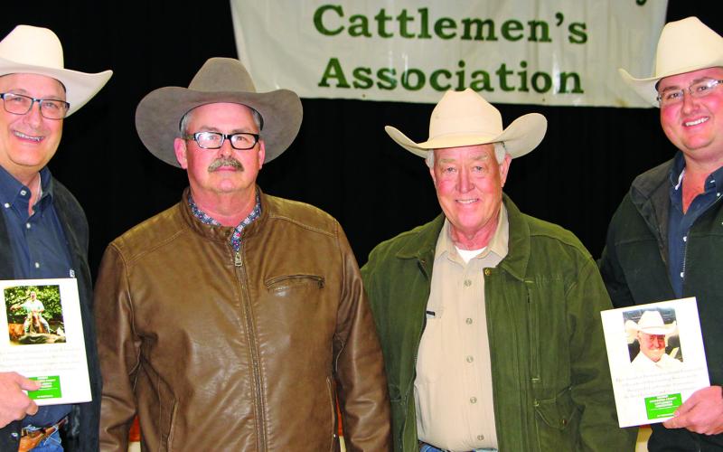 Sentinel Photo/MaLinda Reddell Matagorda County Cattlemen’s Association honored John Ashcraft and Derril Franzen for more than 40 years service to the cattle industry at the group’s forum Friday, Jan. 20. Shown are George Harrison, Ashcraft, Franzen and Matthew Ashcraft, all association directors.