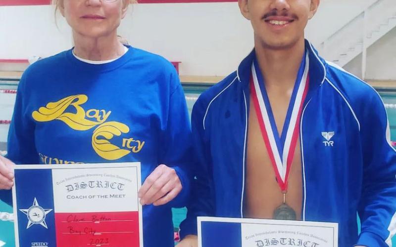 Contributed photo Texas Interscholastic Swimming Coaches Association (TISCA) award-winners for Bay City were Clare Button (Boys' Diving Coach of the Year) and Ian Ramos (Diver of the Year).
