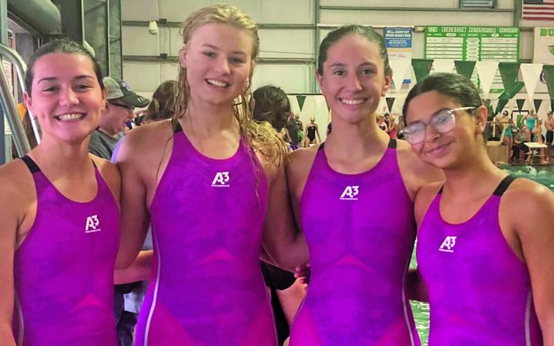 Photo/Lisa Moya BCHS swimmers at last weekend’s Tex Robertson Invite are, from left:  Victoria Sliva, Lucie Frick, Megan Moya, and Kaydence Sanchez.