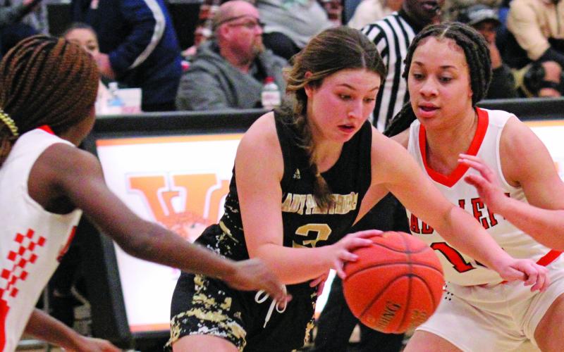 Photo by Anna Hernandez Van Vleck girls make dribbing more difficult for this Danbury play in a recent game that the Lady Leopards won 54-39. The girls are 11-15, 4-4 and fourth in District 24-3A-2.