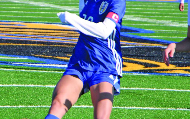 Sentinel Photo/Mike Reddell Bay City Lady Cat soccer (14-2, 6-0) shut out Wharton 8-0 at Memorial Stadium Saturday, Feb. 11 and was to play Palacios Monday, Feb. 13 - past the Sentinel’s press deadline. Senior forward Judah Breazeale (20) takes a shot at goal against Wharton. Bay City girls are first in District 22-4A-1.