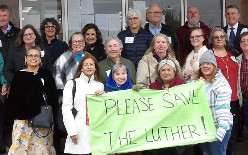 Photo by Dr. Sandra D . Davidson Save the Luther Hotel supporters who attended a 23rd District Court hearing on a temporary injunction blocking a possible demolition gather for a group photo outside the Matagorda County Courthouse Feb. 2. District Judge Ben Hardin granted the temporary injunction and set another hearing for Feb. 16.