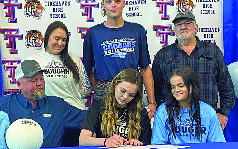 Courtesy photo Tidehaven’s Emma Swift signs a letter of commitment Jan. 25 to play volleyball at Coastal Bend College in Beeville.