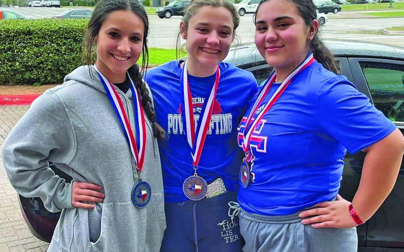 Contributed photo Tidehaven girls competed at the  state powerlifting meet last week. The winners were Melanie Sepulveda, who took home 2nd, Jehan Johnson, 3rd, and Makyla Paniagua, 3rd. The girls tied for 4th as a team. (Per Tidehaven High School Coach Bobby Gonzalez).