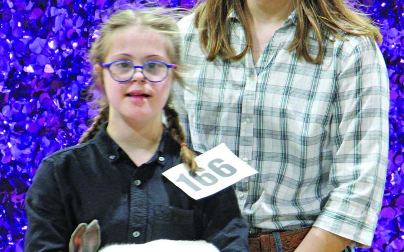 Chelsea Riccio shows her meat pen rabbit "Scratches" off to potential buyers at the Matagorda County Fair and Livestock Association's annual "Junior Livestock Auction" Saturday, March 4. Riccio's older sister Lavery lends a hand while bids are made.  Sentinel Photo/MaLinda Reddell