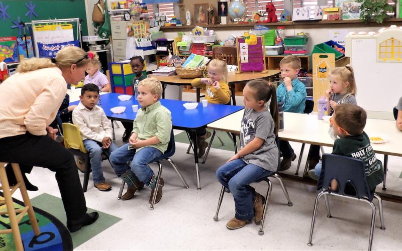 Courtesy photo Precinct 2 Justice of the Peace Suzanne Sullivan recently discusseded personal safety and stranger danger with Holy Cross Catholic School's preschoolers and kindergarteners. The students were given various scenarios to role-play and different activities that gave them a list of things to do if they were ever made to feel uncomfortable or things to say and do in a scary situation.