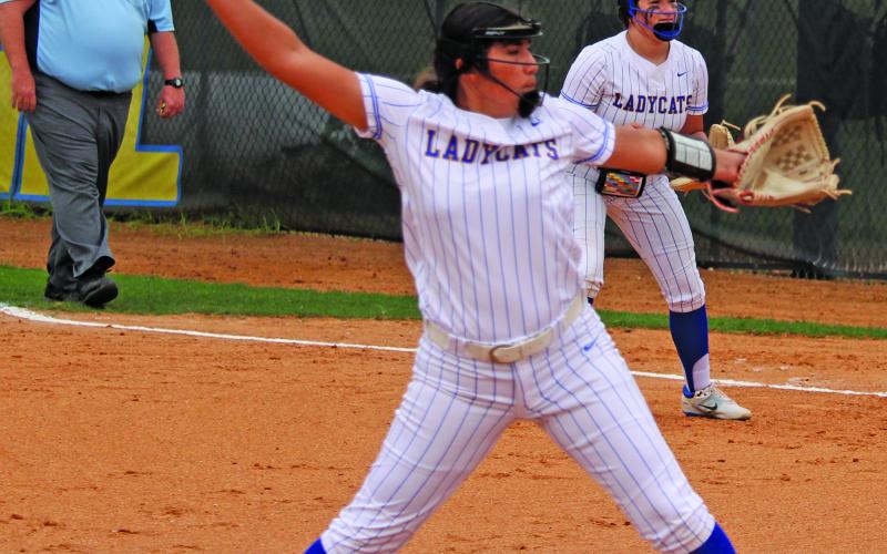 Sentinel Photo/Mike Reddell A Bay City Ladycat pitcher completes her windup against Iowa Colony here Friday, April 7. The Ladycats (7-12-1, 3-3) won 6-2. The Ladycats were to play Columbia (10-8) there Tuesday night, April 11.