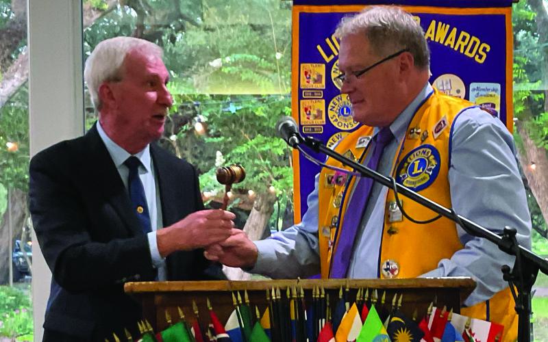 Contributed photo Immediate Past President Mike Finster, left, passes the gavel to new President Judge Bobby Sieferman during a recent Bay City Lions Club meeting. The 2023-2024 board of directors includes Seiferman, Craig Evans, Michael Griffith, Jr., Ryan Leissner, Doc Cambell, Chris Hadash, Wayne Witte, Hawes Dickerson, David Krenek, Chad Craft, Mitch Thames, Erik Frankson, Jimmey Huey, and Finster.