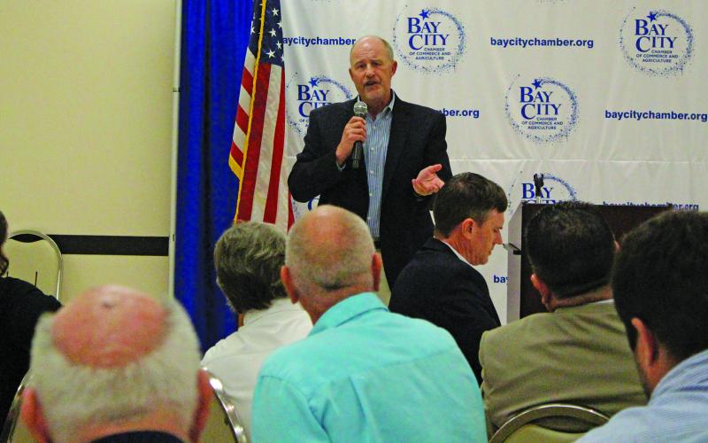 Sentinel photo/Jessica Shepard LCRA General Manager Phil Wilson talked about water issues, broadband coverage and the Arbuckle Reservoir at the Bay City Chamber of Commerce and Agriculture luncheon last week.