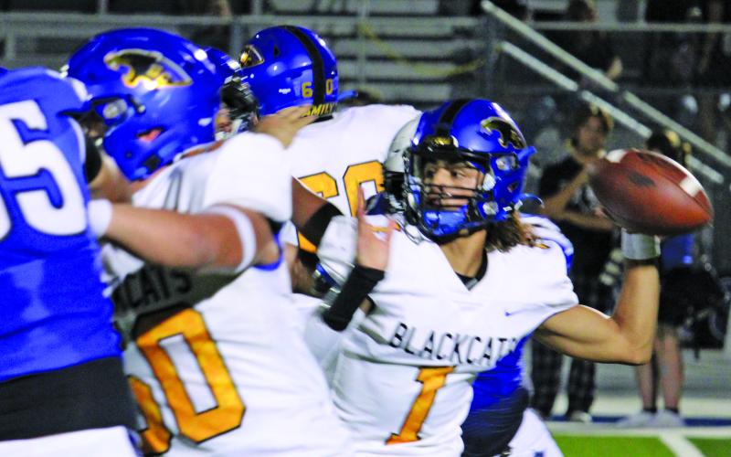 Sentinel Photo/Mike Reddell Blackcat sophomore signal caller Alex Estrada (1) prepares to throw down field behind his offensive line protection.
