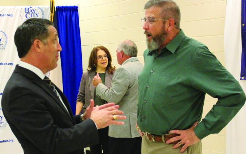Sentinel Photo/Jessica Shepard Texas Comptroller Glenn Hegar, left, visits with Bay City ISD Superintendent Dr. Dwight McHazlett during Hegar’s Energy Tour in Matagorda County Wednesday, Sept. 27.